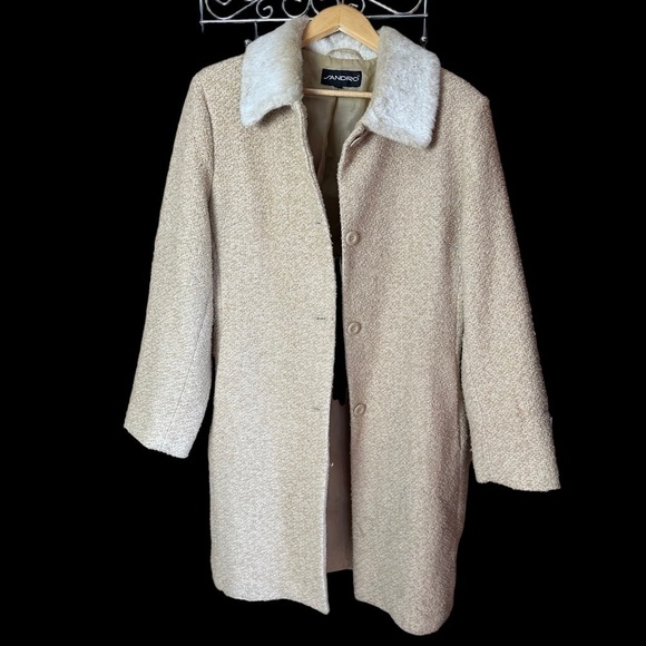 Vintage Sandro Wool Blend Tweed Winter Coat Faux Fur Collar Tan Button Front 14 - Picture 7 of 9
